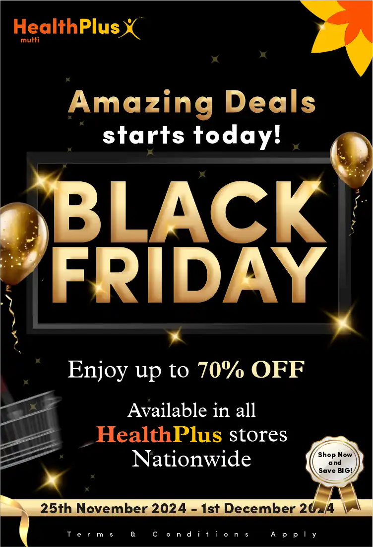 HealthPlus Black Friday Sale Banner - Up to 70% off nationwide promotion running from November 25th to December 1st 2024 across all HealthPlus stores. Features bold black and white promotional text announcing massive savings and store-wide deals.