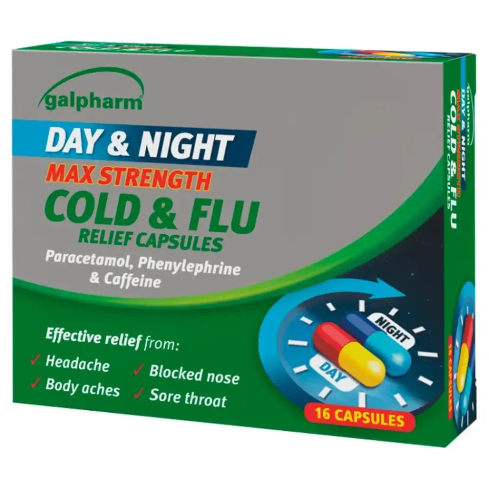 Day & Night Max Strength Cold & Flu Relief [Galpharm] 500mg Capsules x16