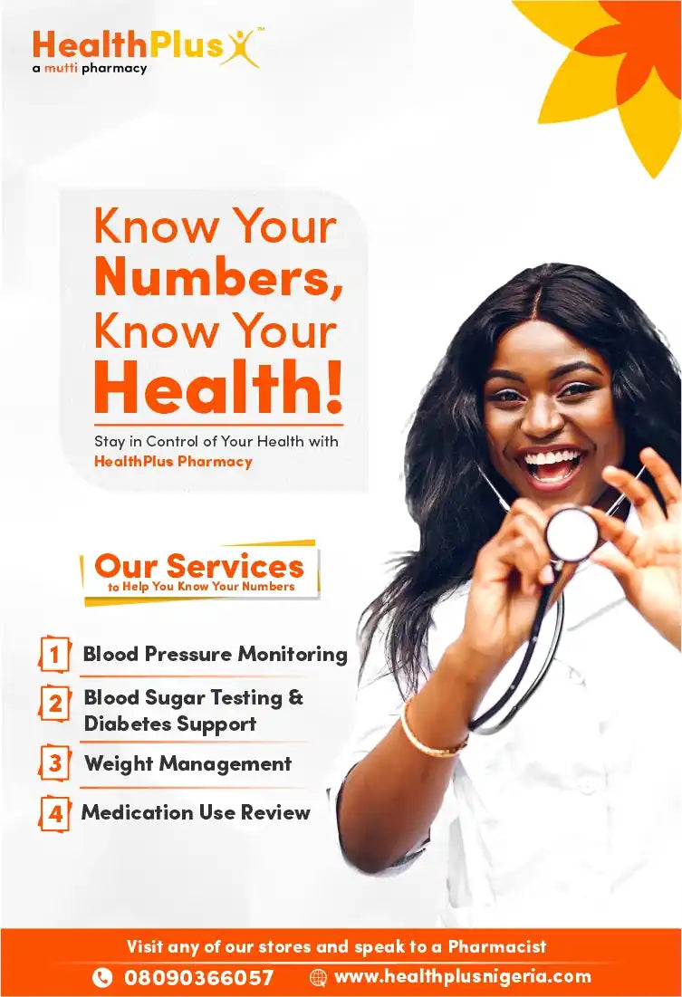 HealthPlus Pharmacy promotional image. Text reads: 'Know Your Numbers, Know Your Health! Stay in Control of Your Health with HealthPlus Pharmacy'. Lists services: Blood Pressure Monitoring, Blood Sugar Testing, Diabetes Support, Weight Management, Medication Use Review. Encourages visiting stores to speak with a Pharmacist. Contact number: 08090366057.